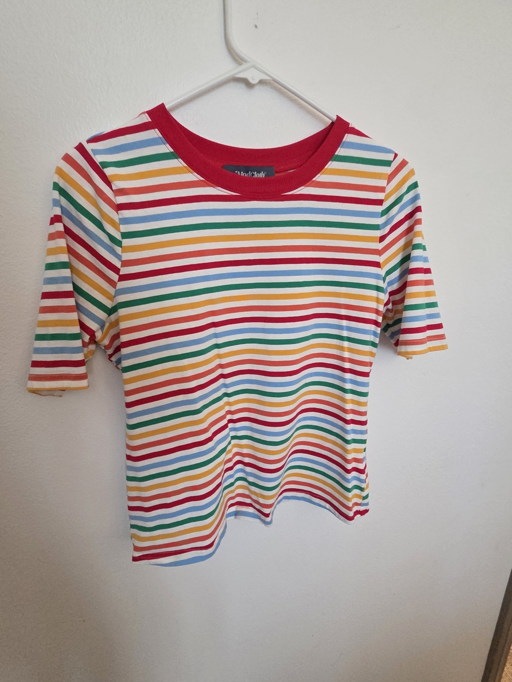 ModCloth Rainbow Striped Short Sleeve Tee with Red Neckline